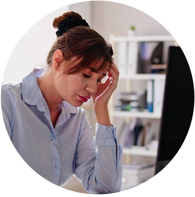 Stressed Sick Employee Woman At Computer Desk